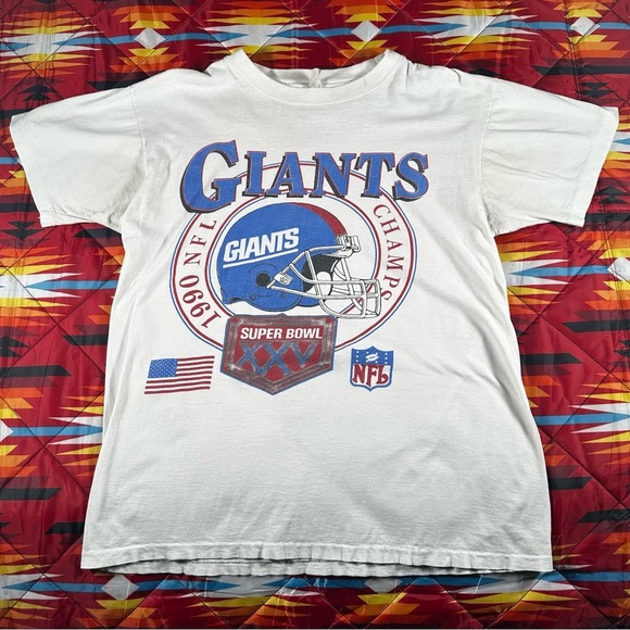 Vintage 90s NFL Super Bowl XXV Giants vs Bills SS T Shirt Large White Football - Picture 1 of 12